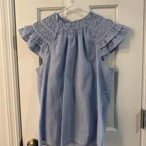 Blue Striped Ruffle-Sleeve Women’s Top